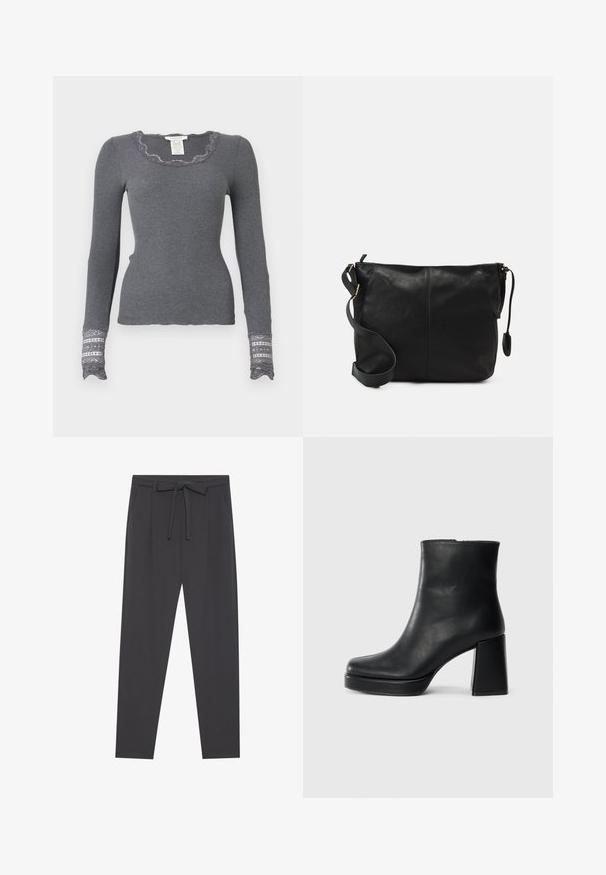 Gray long-sleeve ribbed top with scalloped neckline and lace-accented cuffs featuring a textured pattern.; Dark gray trousers with a drawstring waist, two side pockets, straight legs, and a smooth fabric texture. Suitable for casual wear.; Black leather ankle boot with a block heel and platform sole, viewed from the side on a plain white background.; Black leather crossbody bag with a flat shape, gold hardware accents, and an adjustable strap. Smooth texture with minimal stitching details.