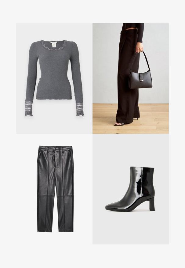 Top cinza de mangas longas, com padrão canelado, decote rendado e punhos com detalhes em renda, apresentando um padrão texturizado.; Calças de pele preta com uma textura suave, apresentando um ajuste reto, dois bolsos frontais e detalhes de costura visíveis.; Botim de tornozelo em pele sintética preta com bico apontado e salto bloco de altura média. Textura suave e design minimalista.; Bolsa preta com forma estruturada, textura suave e um fecho metálico. Combinada com calças largas pretas e sandálias de salto aberto sobre um chão de madeira.