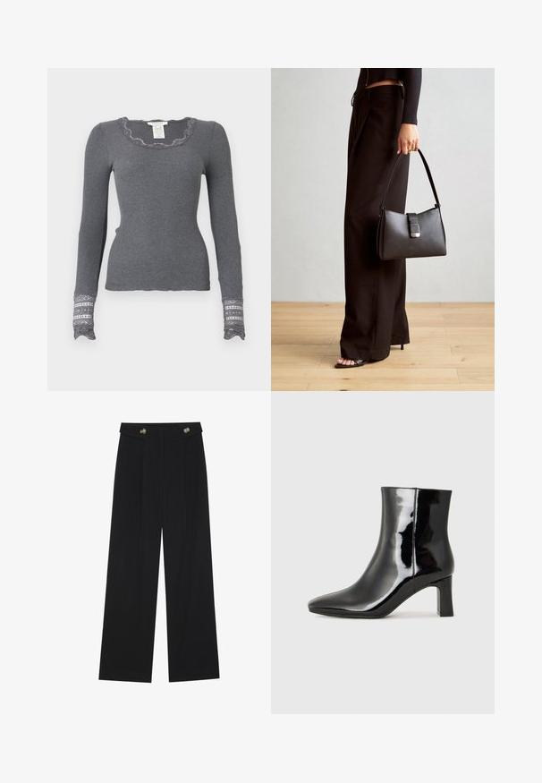 Grå langærmet ribbestrikket top med bølget udskæring og blondeprydede manchetter, der har et struktureret mønster.; Sorte vide bukser med høj talje, knapdetaljer på taljebåndet og frontfald.; Sort lakeret ankelstøvle med spids tå og en midt-højde blokhæl. Glat tekstur og minimalistisk design.; Sort håndtaske med struktureret form, glat overflade og metalspænde. Sammen med brede sorte bukser og sandaler med åben tå på trægulv.