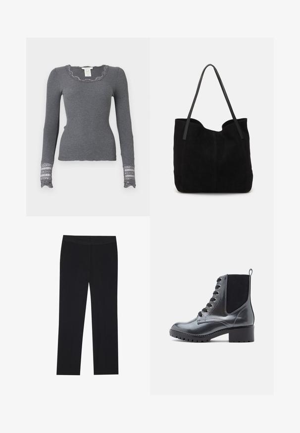 Grå langærmet ribbestrikket top med bølget udskæring og blondeprydede manchetter, der har et struktureret mønster.; Sorte bukser med lige ben-design, der har sidelommer og en glat tekstur. Minimalistisk detaljering, ren livvidde.; Sorte lakerede ankelsko med blokhæl, snørebånd foran og elastiske sidepaneler for nem påtagning. Ru sål for godt greb.; Sort ruskinds totemed med to lange, flade læderremme. Har en buet topkant og synlige stikninger langs forsiden. Ingen hardware-dekorationer.