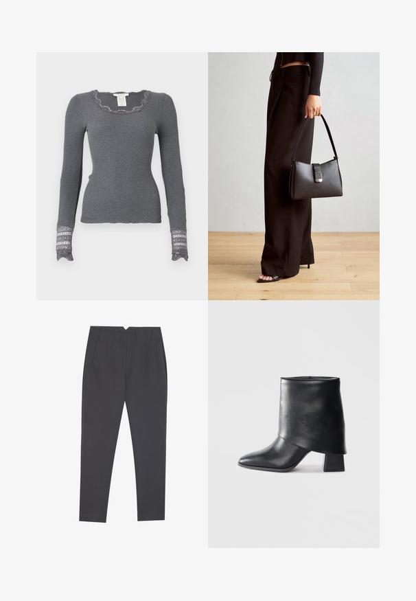 Šedý dlouhý rukáv triko s žebrovaným vzorem, s vlnkovaným výstřihem a krajkovými detaily na manžetách, s texturovaným vzorem.; Tmavě šedé zúžené kalhoty s bočními kapsami a předními sklady, navržené pro přiléhavý střih.; Černá kožená kotníková bota s špičatou špičkou, hladkým povrchem a pevně strukturovaným blokovým podpatkem. Disponuje vysokým, skládacím manžetovým designem.; Černá kabelka se strukturovaným tvarem, hladkým povrchem a kovovým uzávěrem. Kombinována s širokými černými kalhotami a sandály s otevřenou špičkou na dřevěné podlaze.