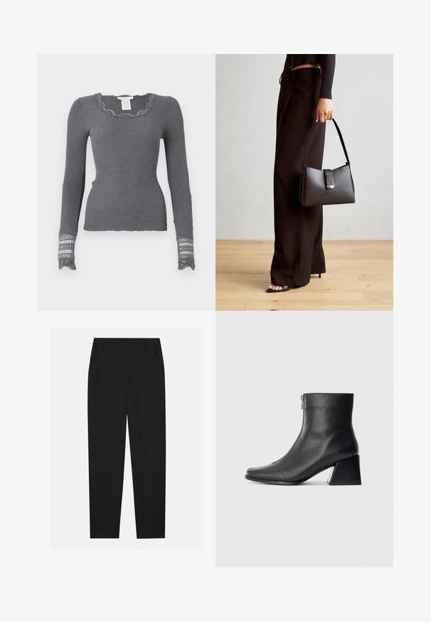 Top cinza de mangas longas, com padrão canelado, decote rendado e punhos com detalhes em renda, apresentando um padrão texturizado.; Calças pretas com um design ajustado, apresentando bolsos laterais e pernas retas. Feitas de um tecido suave e leve com um acabamento elegante.; Bota de tornozelo em couro preto com bico quadrado, fecho lateral e salto bloco contra um fundo claro plano.; Bolsa preta com forma estruturada, textura suave e um fecho metálico. Combinada com calças largas pretas e sandálias de salto aberto sobre um chão de madeira.