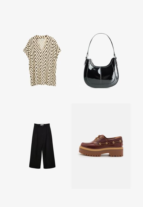 Crèmekleurig top met v-hals en korte mouwen, met zwart zigzagpatroon. Lichtgewicht stof met een losse pasvorm en rechte zoom. Geen zichtbare hardware.; Zwarte wijde broek met een hoge taille, geplooide voorkant en knoopsluiting. Gemaakt van gladde stof met een scherp gesneden ontwerp.; Bruine leren botenschoenen met een stevige bruine rubberen zool, gouden ogen en contraststiksels. Heeft een logo aan de zijkant.; Zwarte gepatineerde leren handtas met een gebogen ontwerp, ritssluiting en een enkele schouderriem met zilverkleurige hardware en stikselaccenten.
