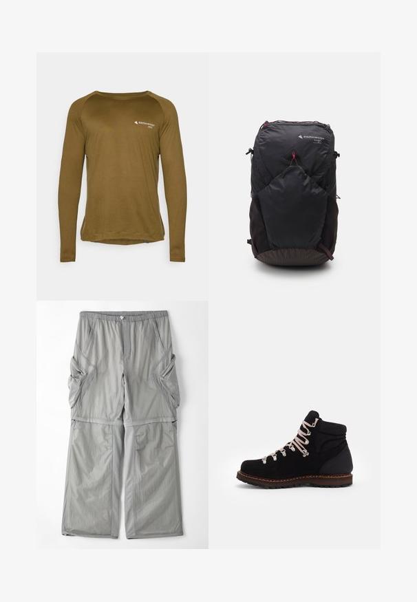 Langarmshirt in olijfgroen, gemaakt van gestructureerde stof. Heeft een ronde halslijn en een klein logo aan de voorkant.; Lichtgrijze, ademende stoffen broek met een elastische tailleband, zijzakken en contrasterende grijze bies langs de naden. Losse pasvorm.; Zwarte suède wandelschoen met roze veters, metalen ogen, gevoerde enkelsupport en een gestructureerde rubberen zool, met een contrasterende bruine tussenzool.; Zwarte rugzak met een driehoekig logo, 26L capaciteit, ritsafsluiting, gestructureerde onderzijde en contrasterende rode accenten voor extra detail.