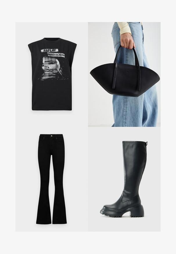 Replay Top - blackboard; Jeans negri cu talie înaltă, cu închidere prin nasture și fermoar, buzunare frontale și picioare evazate, așezați pe un fundal alb.; Cizme lungi din piele neagră cu talpă platformă masivă și tocul pătrat, având un tab de tragere și un model texturat pe talpa exterioară.; Geantă de piele neagră cu o formă unică de evantai, având mânere plate. Suprafața are o textură cu mici granule și un design minimalist.