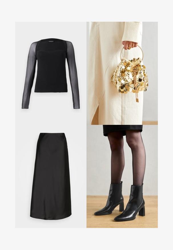 Schwarzes Langarmoberteil mit festem Oberteil und durchsichtigen schwarzen Mesh-Ärmeln. Mit einem quadratischen Ausschnitt und glatter Textur.; Schwarzer Satin-Midi-Rock mit glatter Textur, A-Linien-Form und dezentem Glanz. Verfügt über ein elegantes, unkompliziertes Design ohne Verzierungen.; Schwarze Leder-Ankle-Boots mit spitzer Zehenform, klobigem quadratischem Absatz und schlankem Design. Verfügt über elastische seitliche Einsätze für leichtes An- und Ausziehen.; Goldfarbene Drawstring-Handtasche mit einem runden Griff, verziert mit glänzenden runden Pailletten und einem strukturierten Stoff. Abmessungen sind nicht angegeben.; Silberne Creolen mit polierter Oberfläche, die kleine goldene Akzentdetails und eine runde Form aufweisen, am Ohrläppchen getragen.