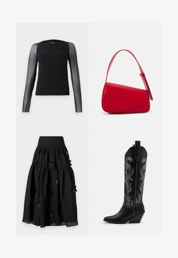 Schwarzes Langarmoberteil mit festem Oberteil und durchsichtigen schwarzen Mesh-Ärmeln. Mit einem quadratischen Ausschnitt und glatter Textur.; Sister Jane BIRDIE BOW MIDI SKIRT - A-Linien-Rock - black; Schwarze Leder-Cowboy-Stiefel mit spitzen Zehen, Keilabsätzen und silbernen, gestickten Blumenmustern entlang des Schafts. Kontrastnähte über das gesamte Design.; Rote Lederhandtasche mit einem kantigen, geometrischen Design. Verfügt über einen verstellbaren Schulterriemen und einen Klappenverschluss mit genähten Details.