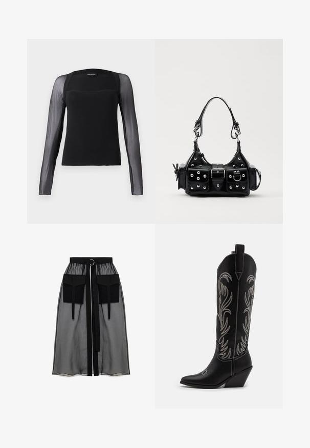 Crna majica dugih rukava s čvrstim gornjim dijelom i prozirnim crnim mrežastim rukavima. Ima kvadratni izrez i glatku teksturu.; Crna prozirna suknja s nabranim pojasom, koja ima dva velika prednja džepa, remen oko struka i okrugli metalni detalj.; Crne kožne kauboj čizme s šiljastim prstima, klinastim potpeticama i srebrnim izvezenim cvjetnim uzorcima duž osovine. Kontrastni šavovi posvuda.; Crna kožna torba s zakrivljenim dizajnom, koja sadrži srebrne zakovice, kopču i dva bočna džepa. Podesiva traka za različite opcije nošenja.
