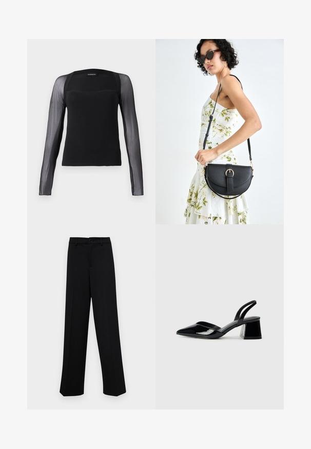Čierny top s dlhým rukávom so solidným telom a priesvitnými čiernymi sieťovými rukávmi. Má štvorcový výstrih a hladkú textúru.; Čierne široké nohavice vyrobené z hladkej látky, s klasickým pásom a zapínaním na gombík, a prednými skladmi.; Čierne lakované kožené sandálové podpätky s špicatou špičkou a geometrickým blokovým podpätkom. Disponujú elegantným, minimalistickým dizajnom a hladkým povrchom.; Čierna kožená kabelka s zaobleným tvarom, odnímateľným popruhom a zlatými doplnkami. Kabelka má klopu s detailom s prackou.