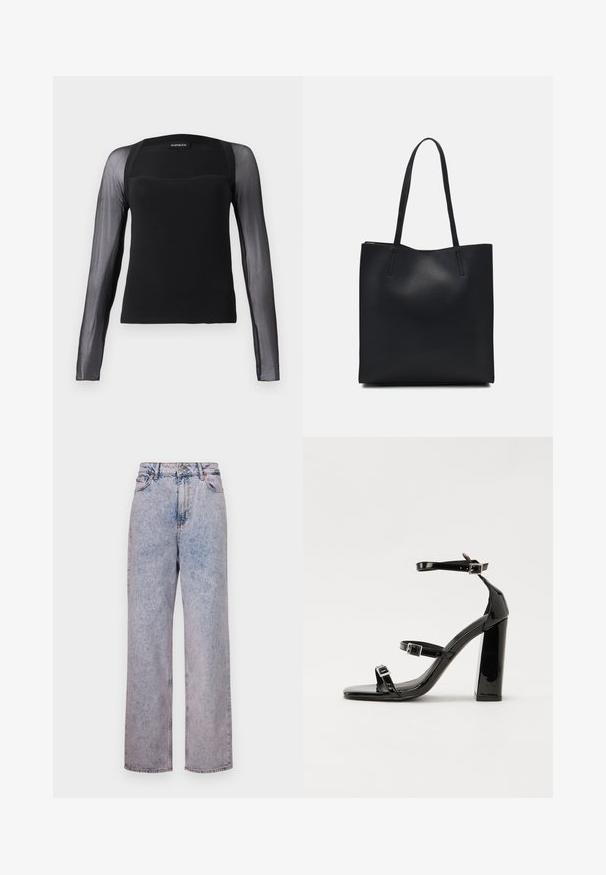 Juodas ilgas rankovėmis viršus su tvirtu priekiniu paviršiumi ir permatomomis juodomis tinklinėmis rankovėmis. Yra kvadratinis iškirpimas ir sklandus tekstūra.; Šviesiai mėlyni džinsai su laisvu, tiesiu kirpimu, turintys aukštą juosmenį, penkių kišenių dizainą ir bronzinio mygtuko aparatūrą.; Juoda blizgi lakuota basutė su kvadratiniu pirštu, kulkšnies dirželiais ir sidabro sagtimis. Yra tvirta blokinė kulno konstrukcija, užtikrinanti stabilumą.; Juodas odinis tote krepšys su lygia tekstūra, stačiakampio formos ir dviem ilgais rankenomis. Matomų metalinių detalių ar puošybos nėra.