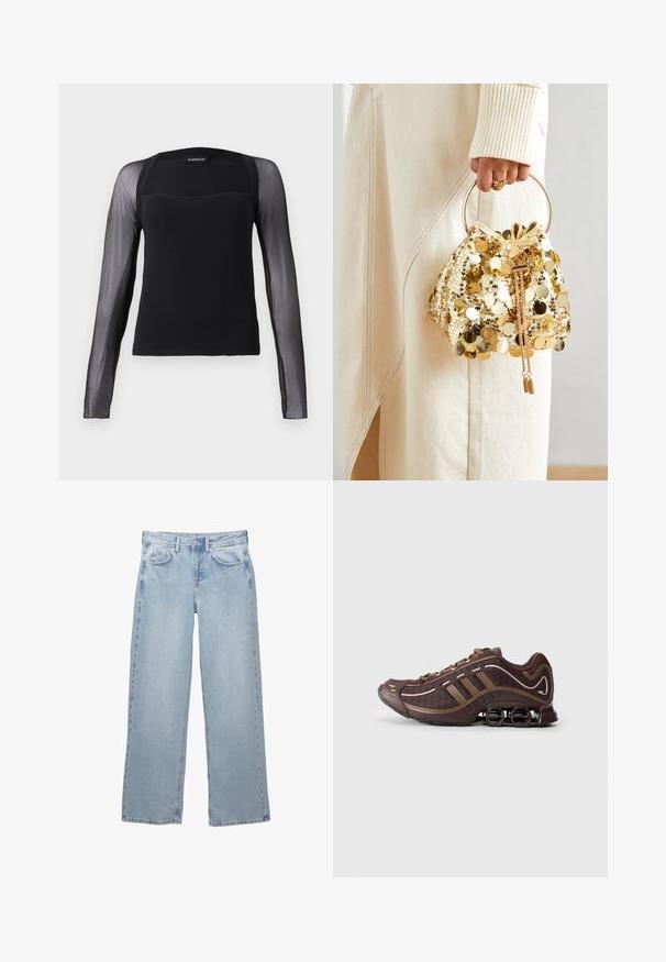 Czarny top z długim rękawem o gładkiej bazie i przezroczystych czarnych siateczkowych rękawach. Ma kwadratowy dekolt i gładką fakturę.; Jasnoniebieskie dżinsy wykonane z denimu o szerokich nogawkach, z zapięciem na guzik i zamek, pięcioma kieszeniami i minimalistycznymi detalami szycia.; Brązowy but sportowy z siateczkowej i syntetycznej cholewki, z trzema paskami, szczegółowym przeszyciem, wyściółką na podeszwie oraz charakterystycznym sprężystym obcasem.; Złota torebka worek z cekinami, z okrągłym uchwytem, ozdobiona błyszczącymi okrągłymi cekinami oraz teksturowanym materiałem. Wymiary nie są podane.