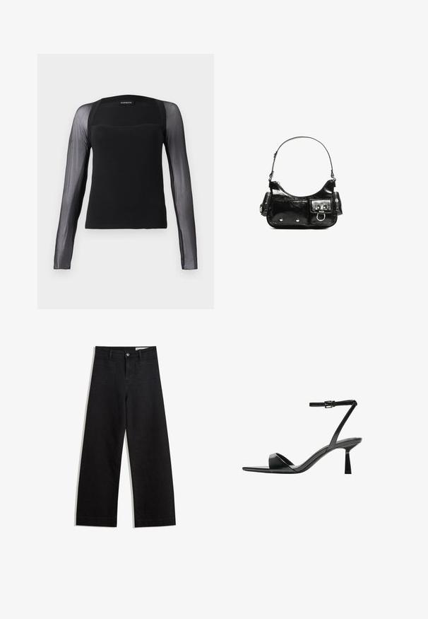 Fekete, hosszú ujjú blúz, amelynek szilárd teste és átlátszó fekete hálós ujjaik vannak. Négyzet alakú kivágással és sima textúrával rendelkezik.; Fekete, bő szabású farmernadrág magas derékkal, elülső és hátsó zsebekkel, varrott felületekkel és gombos záródással. Sima textúra.; Bershka Magas sarkú szandálok - black; Fekete lakkbőr kézitáska ívelt formával, egy vállpánttal, elülső zsebekkel és ezüstszínű fémrészletekkel.