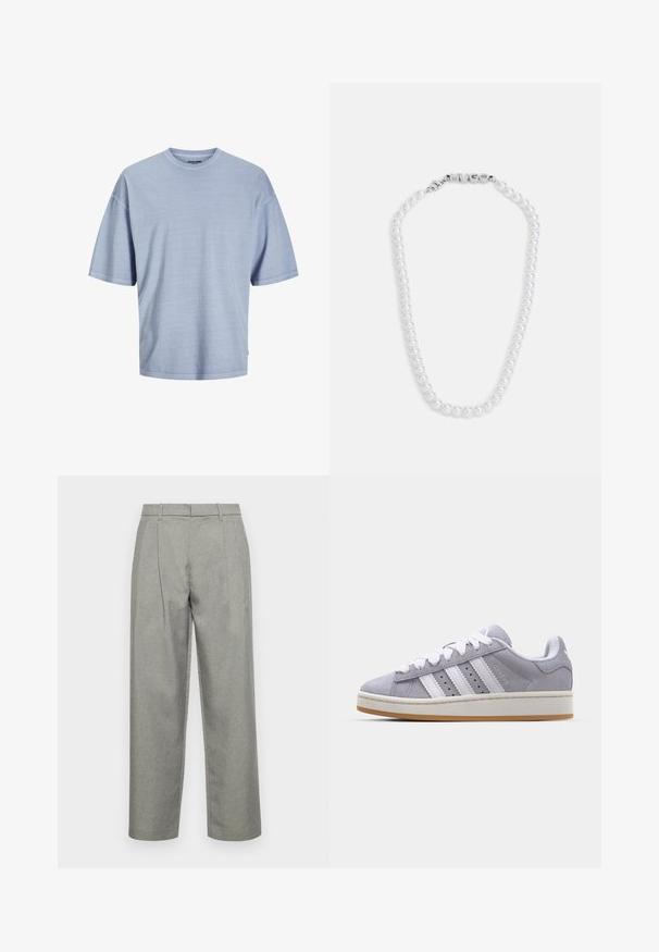 Svetlo modré tričko s krátkymi rukávmi vyrobené z mäkkej tkaniny. Má okrúhly výstrih a voľný strih so zošitými lemami. Jednoduchý dizajn, bez vzorov.; Sivé upravené nohavice z textúrovanej tkaniny, so strihom s rovnými nohavicami, prednými záhybmi a štandardným pásom s pútkami na opasok.; Sivé semišové tenisky s bielymi pruhmi, okrúly špička a gumová podrážka. Majú perforácie na boku a textúrovaný pätkový jazyk.; Biely perlový náhrdelník s hladkým povrchom, so strieborným zapínaním s vyrazeným slovom "HUGO." Perly sú rovnomerne veľké v klasickom dizajne.
