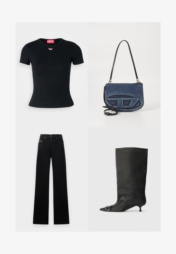Čierne rebrované tričko s okrúhlym výstrihom. Na hrudi sa nachádza malé červené logo Diesel. Krátke rukávy a priliehavý strih.; Čierne džíny s širokými nohavicami z denimu, s predným zapínaním na gombíky, piatimi vreckami a malou logo nášivkou na páse.; Čierna kožená členková topánka s špicatou špičkou, malým podpätkom a kovovým akcentom na špičke. Hladká, matná textúra po celom povrchu.; Džínová crossbody taška s čiernym koženým popruhom, oválny dizajn loga na prednej strane a zips na vrchu. Textúrovaný povrch.