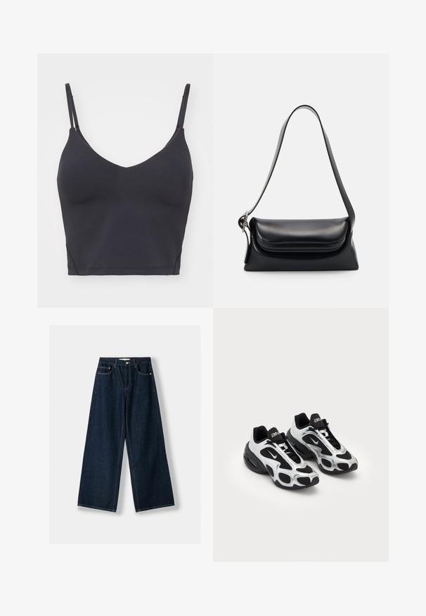 Bralet negru, fără cusături, cu bretele subțiri ajustabile, decolteu în V și un design slim. Material moale, elastic, fără accesorii vizibile.; Jeansi largi, de culoare albastru închis, realizați din denim. Au cinci buzunare, închidere cu nasture și fermoar, și detalii de cusătură în contrast.; Pantofi sport negri și argintii cu un superior din plasă și material sintetic, prezentând un design ondulat distinctiv și un guler căptușit, cu amortizare cu aer în talpă.; Geantă de mână din piele neagră cu o formă structurată, o textură netedă și o singură curea de umăr. Are un design subtil cu clapetă rotunjită.