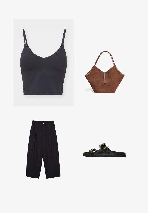 Črna brezšivna braletka z tankimi nastavljivimi naramnicami, v-izrezom in prilegajočim dizajnom. Nežen, elastičen material brez vidnih kovinskih delov.; Črne poliesterske culotte hlače z elastičnim pasom, dvema sprednjima nabiranjema in ohlapnim krojem. Brez vidnih vzorcev ali kovinskih detajlov.; Črne drsne sandale z dvema zlatima zaponkama, gladkega materiala, ravnim podplatom in minimalističnim dizajnom.; Rjava semiš torba s usnjenimi zaključki in tankim zapiranjem na trak, ki se ponaša s mehkimi, širokimi in rahlo angularnimi oblikami.