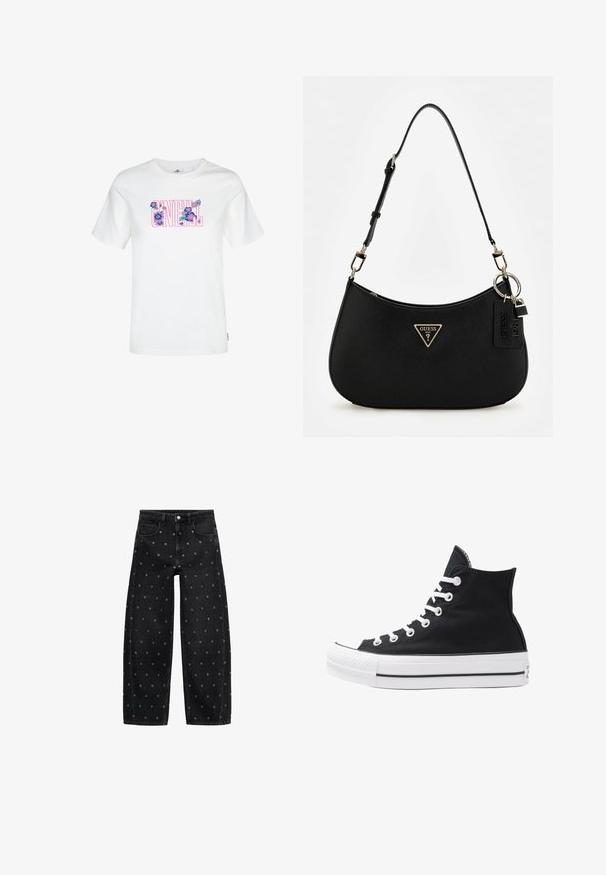 Biała bawełniana koszulka z krótkim rękawem z kolorowym, kwiatowym wzorem w odcieniach różu i niebieskiego, otaczającym napis "O'NEILL". Okrogły dekolt.; Biała krótka bluzka z bufkami i elastycznymi falbankami na dekolcie, talii oraz mankietach rękawów.; Czarne dżinsy o szerokich nogawkach z wzorem małych srebrnych grommetów, z klasycznym pięciokomorowym krojem i zapięciem na guziki.; Czarny wysokopodbiciowy sneaker z płótna, z białymi oczkami, sznurówkami i gumową podeszwą. Posiada teksturowany czubek oraz czarno-białe paski.; Czarna syntetyczna torba na ramię o zaokrąglonym kształcie, z teksturowanym wykończeniem, złotym logo w kształcie trójkąta i odczepianymi akcentami ze sprzętu.