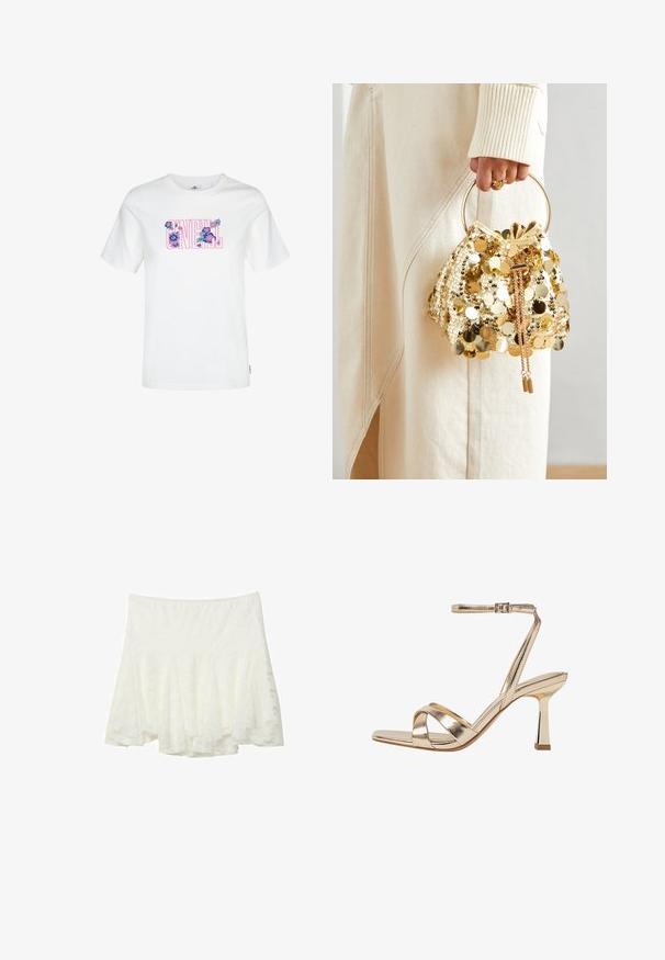 Hvid bomulds t-shirt med et farverigt blomsterdesign i pink og blå inden for teksten "O'NEILL." Korte ærmer og rund hals.; Stradivarius FITTING - A-snit nederdel - white; Guldfarvet metallic højhælede sandal med krydset stropdesign, ankelstrop med spænde og en blank blokhæl. Firkantet tåform.; Guld paliettrækkevogn med et cirkulært håndtag, der har skinnende runde paljetter og et tekstureret stof. Dimensioner er ikke angivet.