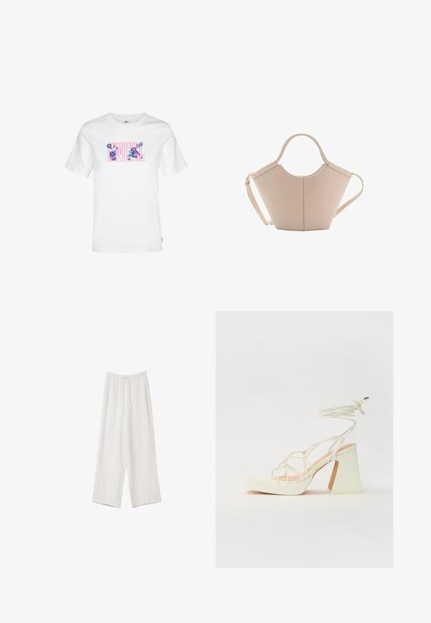 Valkoinen puuvillapaita, jossa on värikäs kukkakuosi vaaleanpunaisena ja sinisenä tekstin "O'NEILL" ympärillä. Lyhyet hihat ja pyöreä kaula-aukko.; Valkoiset leveälahkeiset housut kevyestä kankaasta. Ominaisuuksiin kuuluu elastinen vyötärö, jossa on nauhakuuluma ja sivutaskut. Sileä rakenne.; Valkoinen korkokenkä, jossa on paksu korko, ja joka sisältää nauhakiinnityksen ja nilkkaketjun. Sujuva pinta, jossa on platform-etupohja lisäkorkeutta varten.; Vaaleanbeige nahkainen käsilaukku, jossa on ainutlaatuinen muoto, varustettuna kahdella lyhyellä kahvalla ja yhdellä pitkällä säädettävällä hihnalla. Sujuva pinta ja vähän metalliosia.