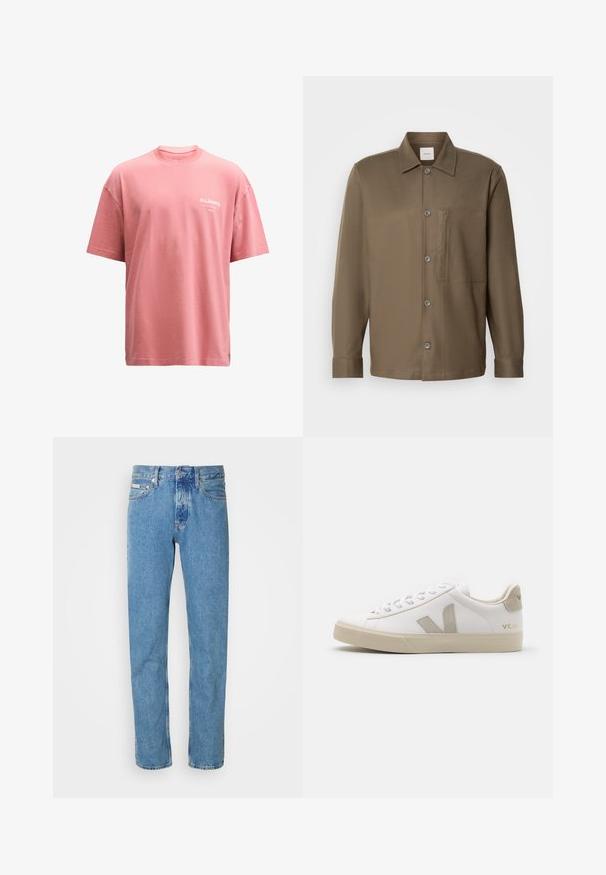 Šviesiai rožinė medvilninė marškinėliai, laisvas pjūvis, apvalus iškirpimas, trumpomis rankovėmis, su baltu "ALLSAINTS" tekstiniu logotipu priekyje. Glotni tekstūra.; Ruda mygtukų marška su apykakle, ilgomisRankovėmis, krūtine kišenė ir lygia tekstūra. Yra pilki mygtukai priekyje.; Šviesiai mėlyni džinsai su tiesiais džinsų kirpimu, su klasikiniu penkių kišenių dizainu ir sagčių uždarymu juosmens srityje. Nėra išskirtinių raštų.; Balti odiniai sportbačiai su kreminiais akcentais, plokščiu guminiu padu, apvaliu pirštu ir kontrastingu logotipu šone ir gale. Su raišteliais.