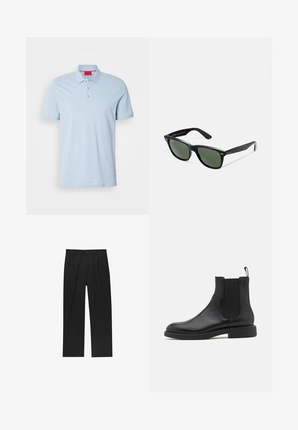 Ljusblå pikétröja i bomull med krage, treknappsslutning och broderad logotyp på bröstet. Korta ärmar.; Svarta byxor med rak ben-design, tillverkade av ett jämnt tyg. Har framfickor och en enkel knapplåsning i midjan.; Svart läderankleboot med slät yta, elastiska sidopaneler och dragtab. Rund tå och platt gummisul med minimal profil.; Svarta plastsolglasögon med gröna linser, fyrkantiga bågar, silverdetalj på ögonbrynet och texturerade skalmar. Angiven märkning på den inre skalmen.