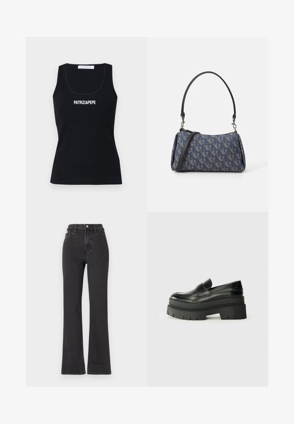 Svart ribbet tank topp med rund hals og tynne stropper. Har hvit "PATRIZIA PEPE" logo over forsiden. Myk, stretchy stoff.; Svarte høyt midje, utsvingte jeans laget av denim, med knappelukking, beltehemper og sidelommer. Glatt tekstur med minimal falming.; Svarte skinnloafers med en kraftig plattformsåle. Rund tå, fremre sømdetalj og subtile sømdetaljer. Flat, teksturert yttersåle.; Blåmønstret håndveske laget av stoff, med buet form, svart lærreim og logodesign i en lysere nyanse.