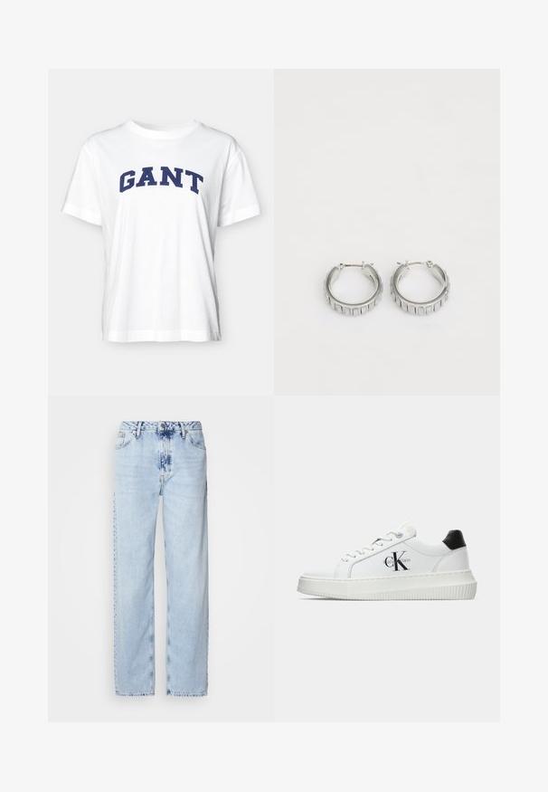 Camiseta blanca de algodón con mangas cortas, que presenta un gráfico de texto en azul marino "GANT" en el pecho y un diseño de corte relajado.; Jeans de pierna ancha en azul claro, confeccionados en denim, con una cintura alta, un lavado desgastado y un sutil patrón de tie-dye en la parte delantera.; Zapatilla baja blanca con talón negro, suela de plataforma, cordones y logotipo "CK" de Calvin Klein en el lado.; Pendientes de aro plateados con un diseño texturizado que presenta estrías verticales. Forma circular con un cierre de seguridad. Acabado suave.