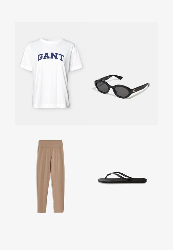 White cotton t-shirt with short sleeves, featuring a navy blue “GANT” text graphic across the chest and a relaxed fit design.; Tan leggings with a high waistband, made from smooth, stretchy fabric. Features a streamlined fit and no visible hardware or patterns.; Black flip-flop featuring a textured rubber sole, two slender straps, and a subtle, embossed logo detail on the strap.; Black oval sunglasses with dark lenses and glossy plastic frame. Features gold logo on the temple, offering a sleek and modern design.; Denim shoulder bag with a curved strap, two front pockets, and a buttoned top, featuring light blue fabric and contrasting stitching details.