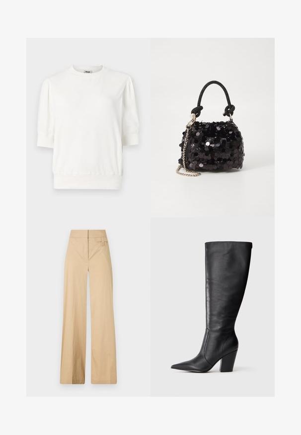 Pulover alb cu mânecă scurtă, cu decolteu rotund, mâneci gatherate și talie ajustată. Fabricat dintr-un material moale.; Pantaloni bej cu croi larg, dintr-un amestec de bumbac. Au o textură netedă, talie elastică și un detaliu cu buton lateral.; Botină neagră din piele, până la genunchi, cu vârf ascuțit și toc gros, prezentată în profil stâng pe un fundal alb.; Geantă mini neagră cu paiete, cu un umar texturat înnodat și un lanț argintiu. Formă rotundă cu partea de sus adunată și detalii reflectorizante.