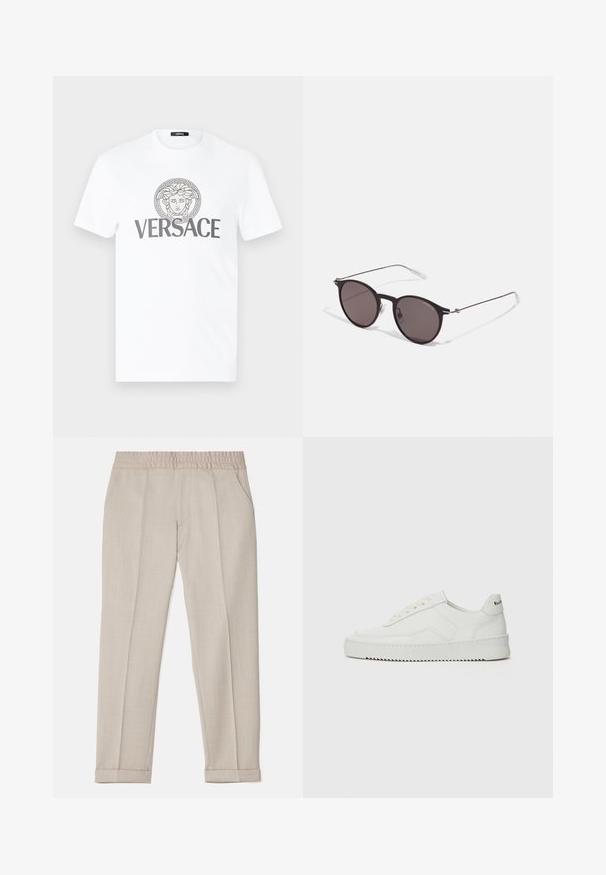 White cotton t-shirt with a round neck, featuring a grey Greek key motif and a central printed Medusa emblem with "VERSACE" text underneath.; Filippa K TERRY CROPPED TROUSERS - Trousers - sage melange; White leather sneaker with a smooth finish, round toe, flat laces, and a textured sole. Features a subtle logo on the heel.; Black round sunglasses with dark lenses and slim metal arms. Includes clear temple tips and silver accents at the hinge. Minimalist design.
