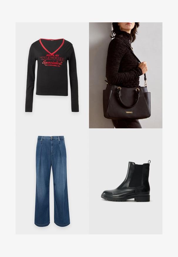 Melnas garām piedurknēm krekls ar V veida kakla izgriezumu, sarkanu kakla apdari un spilgti sarkanu drukātu tekstu "REPLAY CUSTOM Specialist Allentown, PA."; Platākā kāju džinsi vidēji zilos toņos. Satur pogu aizdari, divus priekšējos krokus un kontrastējošas šuves. Mīksta tekstūra un gluda apdare.; Tamaris Klasiski puszābaki - black glam; Melnā rokassoma ar teksturētu virsmu, diviem augšējiem rokturiem un regulējamu pleca siksnu. Iespējas ar zelta krāsas aparatūru un sānu kabatām.