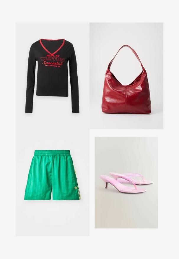 Schwarzes Langarmshirt mit V-Ausschnitt, rotem Kragenbesatz und auffälligem roten Drucktext mit der Aufschrift "REPLAY CUSTOM Spezialist Allentown, PA."; Grüne Sportshorts mit weißen vertikalen Streifen, elastischem Bund und gelben Seitenakzenten. Mit einem kleinen goldenen Logo unten links.; Rosa Absatzsandalen mit gläzendem Finish, die ein Zehensteg-Design und einen schmalen, metallischen Absatz aufweisen. Glatte Textur und minimalistischer Stil.; Rote Leder-Hobo-Tasche mit einer weichen, strukturierten Oberfläche, einem einzelnen Schulterriemen und einer runden, lässigen Form.; Silberne Armspange mit einem gewellten, strukturierten Design und offenen Enden. Die glatte, reflektierende Oberfläche hebt die einzigartige Formgebung hervor.