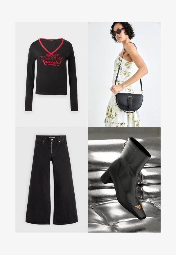 Mustikas pikem käistega särk, millel on V-kaelus, punane kaeluse ääristus ja julge punane prinditud tekst "REPLAY CUSTOM Specialist Allentown, PA."; Laiad teksad mustast denimist, millel on lukuga eesmine osa, viie taskuga disain ja peened õmblusdetailid. Sile tekstuur ja juhuslik stiil.; Must musta ankle-saapad ruuduvarba, kuldse kolmnurga aksessuaari ja keskmise kõrgusega kontsaga. Sile tekstuur läikiva hõbedase tausta vastu.; Mustmust mustraha kõverate joontega, eemaldatava rihmaga ja kuldsete detailidega. Kotil on klapp, millel on pandladetail.