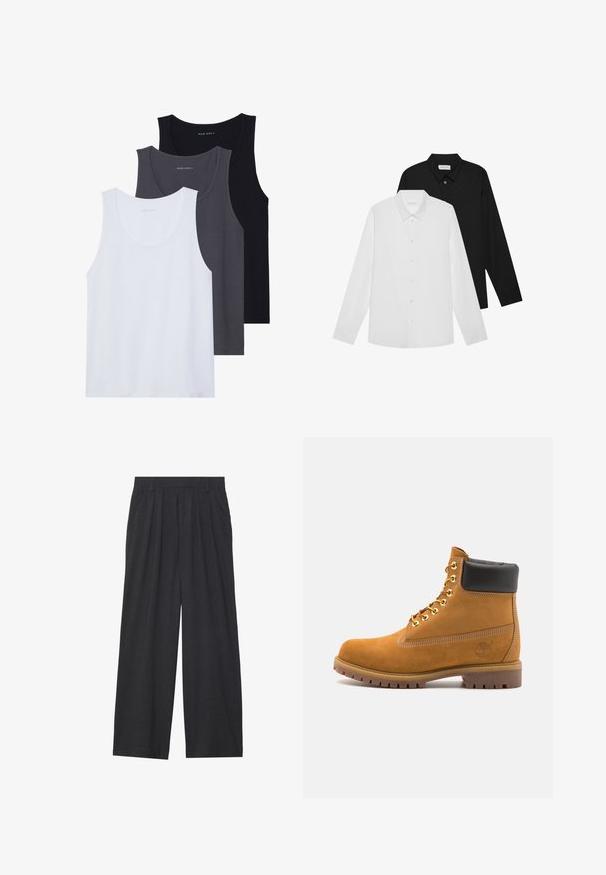 Tre tanktoppe udstillet: én hvid, én mørkegrå og én sort. Lavet af blød stof med runde halsudskæringer og uden fremtrædende mønstre.; Hvide og sorte langærmede skjorter med spidse kraver, frontknapper og en glat stoftekstur. Mærker synlige på indersiden af kraven.; Vidder bukser lavet af mørkegrå stof. Har folder ved taljen, et skræddersyet design og en lige silhuet.; Tan nubuck ankelstøvle med sort polstret krave, gyldne metaløjer, hvid syning detaljer og robust gummisål med udtalte slidbaner.