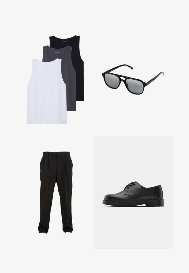 Tre tanktoppe udstillet: én hvid, én mørkegrå og én sort. Lavet af blød stof med runde halsudskæringer og uden fremtrædende mønstre.; Sorte bukser med et glat stof, der har frontfolder, en knap i taljen og tapered ankler. Klassisk skræddersyet silhuet.; Sorte læder oxford-sko med snørebåndsdesign, rund tå, flad gummisål og subtil syning langs overdelen.; Sorte solbriller med rektangulære rammer, gråt tonede linser og en broudskæring design. Slankt, glat plastmateriale med smalle stænger.