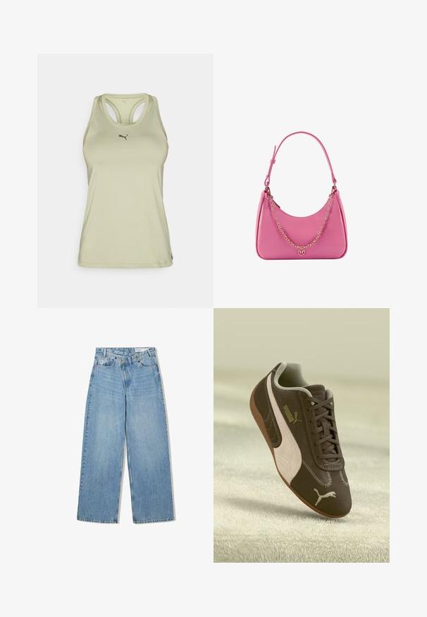 Světlá zelená sportovní tílko s racerback designem, s jemným logem na hrudi a hladkým, elastickým materiálem.; Světlé modré široké džínové kalhoty vyrobené z denimu, s vysokým pasem, pěti kapsami, knoflíkovým zapínáním a jemným vyblednutím pro texturu.; Hnědé tenisky Puma s béžovým pruhem a logem, zavázané, odpočívající na strukturovaném béžovém povrchu.; Růžová syntetická kabelka přes rameno s zakřiveným tvarem, hladkým povrchem, odnímatelným řetězovým popruhem a kulatým logem na přední straně.