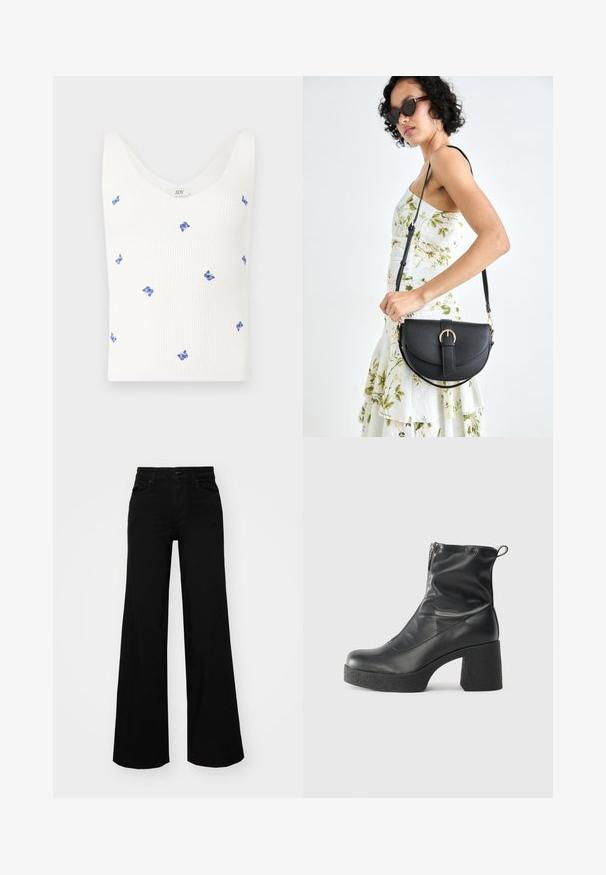 Camisola branca de malha canelada com pequenas aplicações de borboleta azul, com decote em V e alças largas.; Calças largas pretas em denim, com uma cintura estruturada, passantes para cinto e bolsos frontais. Textura suave com um design clássico.; Botas de tornozelo pretas feitas de couro liso, com fecho lateral, salto grosso texturizado e design de bico arredondado.; Bolsa de couro preta com forma curva, alça destacável e detalhes em dourado. A bolsa possui uma aba com detalhe de fivela.