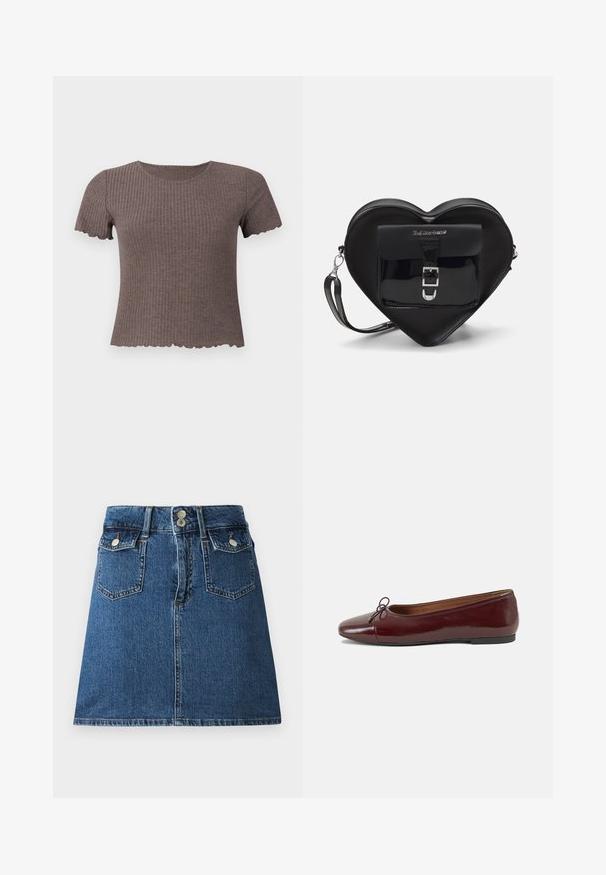 Brun ribbet T-skjorte med korte ermer og bølget kant. Laget av mykt stoff, med rund hals og en tettsittende design.; Denimskjørt i dyp blå, med en tilpasset midje, to frontlommer, to baklommer og lukkeringer i sølvfarge.; Burgunderrød lakk lær ballettleilighet med rund tå, liten sløyfe foran og en lav, svart gummisåle. Glatt tekstur.; Sorte hjerteformet veske laget av patentlær med en frontlomme som har spenne-lukking og avtagbar stropp. Sølvfargede detaljer.