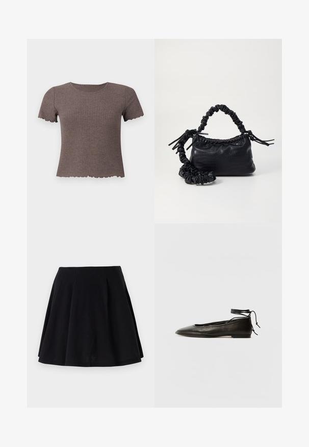 Braunes, geripptes T-Shirt mit kurzen Ärmeln und gewelltem Saum. Hergestellt aus einem weichen Stoff, mit Rundhalsausschnitt und tailliertem Design.; Schwarzer Baumwollrock mit schwingendem Schnitt, der Falten im Taillenbereich und eine glatte Textur aufweist. Geeignet für legere Anlässe.; Schwarze Leder-Ballerinas mit spitzem Zehenbereich, Knöchelband und flacher Sohle, die eine glatte Textur und ein minimalistisches Design aufweisen.; Schwarze Handtasche aus Kunstleder mit Krokodilstruktur, gerafftem oberen Teil und einem geschoppten Tragegurt. Sie wirkt weich und kompakt im Design.