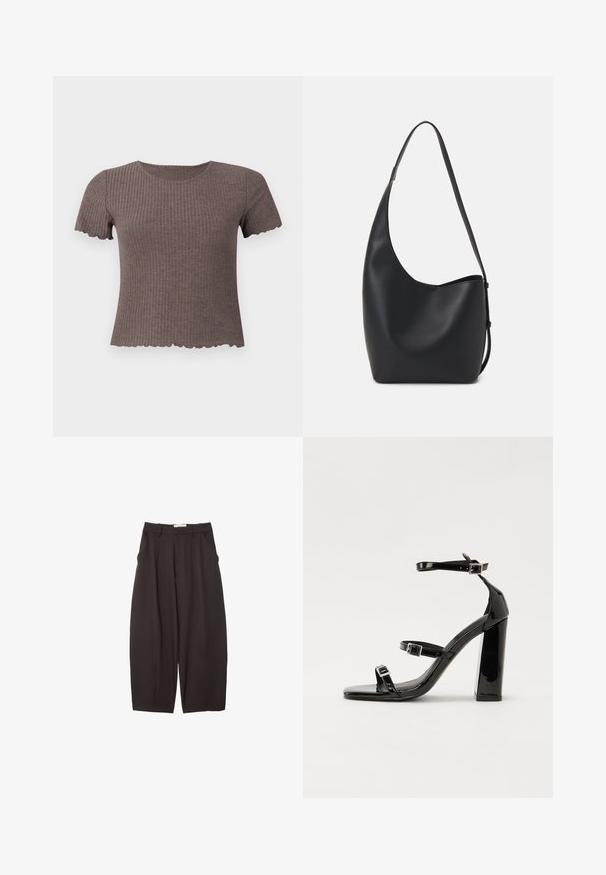 Brązowa koszulka z krótkim rękawem i falbanowym wykończeniem. Wykonana z miękkiego materiału, posiada okrągły dekolt i dopasowany krój.; Czarne spodnie o szerokich nogawkach wykonane z gładkiego materiału, z wysokim stanem, plisami z przodu i bocznymi kieszeniami. Prosty fason bez zdobień.; Czarne lakierowane sandały na obcasie z kwadratowym noskiem, z paskami wokół kostki i srebrnymi klamrami. Posiadają masywny słupek dla stabilności.; Czarna skórzana torba hobo o gładkiej fakturze, zaokrąglonym kształcie i pojedynczym, regulowanym pasku; posiada szerokie otwarcie na górze.