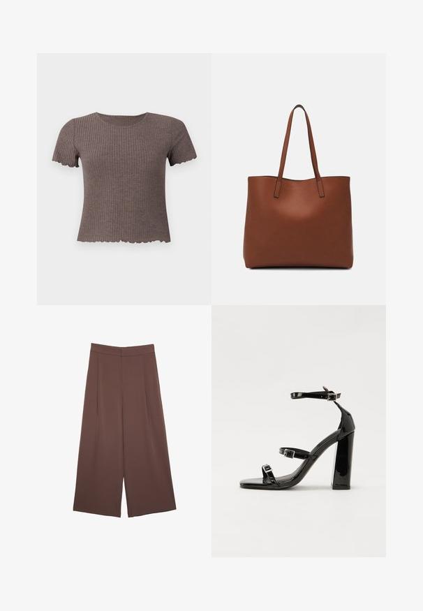 Brązowa koszulka z krótkim rękawem i falbanowym wykończeniem. Wykonana z miękkiego materiału, posiada okrągły dekolt i dopasowany krój.; Brązowe spodnie o szerokich nogawkach z gładką fakturą, z wysokim stanem i plisami z przodu. Materiał jest lekki i luźno opada.; Czarne lakierowane sandały na obcasie z kwadratowym noskiem, z paskami wokół kostki i srebrnymi klamrami. Posiadają masywny słupek dla stabilności.; Brązowa skórzana torba tote o gładkiej fakturze, z otwartym wierzchem i dwoma ramiączkami. Charakteryzuje się minimalnym przeszyciem i brakiem widocznych elementów metalowych.