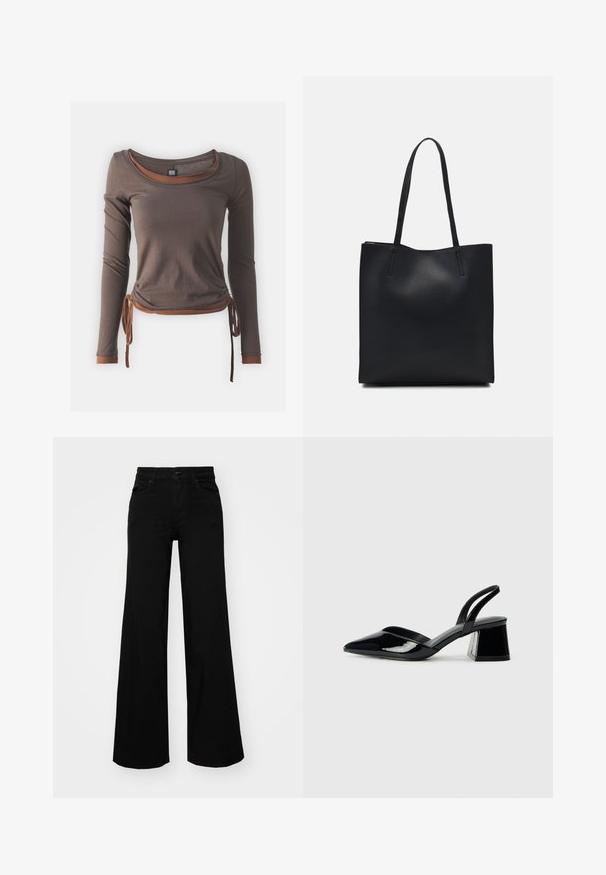 Rjava dolg rokav s krojenim izrezom, ki ima nabran dizajn z vezanjem na pasu in kontrastnimi rjavimi detajli na manšetah in robu.; Črne široke denim hlače s strukturiranim pasom, z zankami za pas in sprednjimi žepi. Gladka tekstura s klasičnim dizajnom.; Črne lakirane slingback pete s koničastim nosom in geometrijsko blokasto peto. Imajo eleganten, minimalističen dizajn in gladko teksturo.; Črna usnjena torba s svilnato teksturo, pravokotne oblike in dvema dolgima ročajema. Brez vidnih metalnih delov ali okrasnih elementov.