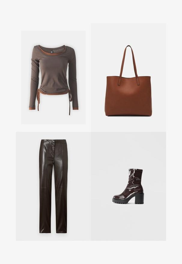 Rudas ilgas rankovėmis palaidinė su apvaliu kaklu, puošta susiraukšlėjusių audinio elementu, kuris surišamas ties liemeniu, ir kontrastingomis rudomis detalėmis ant rankovių ir apatinės dalies.; Tamsiai rudos tiesios kojos odinės kelnės su lygiu paviršiumi ir subtiliais siūlės akcentais priekyje.; Blizgus burgundių spalvos kulknapis su tankiu juodu kulnu, pasižymintis lygiu paviršiumi ir paprastu dizainu. Nėra matomų užsegimų ar raštų.; Ruda odinė priekabų krepšys su glotnia tekstūra, atviru viršumi ir dviem petnešomis. Su minimalia siuvimo detalėmis ir nematoma aparatūra.