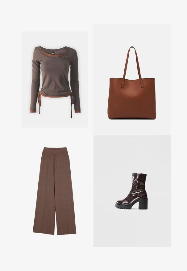 Hnedý dlhý rukáv top s okrúhlym výstrihom, s riaseným dizajnom viazaným v páse a kontrastnými hnedými akcentmi na manžetách a spodnom leme.; Široké nohavice vyrobené z texturovanej, rebrovanej tkaniny v teplej hnedej farbe. Disponujú bezšvíkovým pásom a splývavým strihom.; Lesklé burgundské kotníkové boty s robustním černým podpatkem, s hladkou strukturou a jednoduchým designem. Bez viditelných zapínání nebo vzorů.; Hnedá kožená taška na rameno s hladkou textúrou, otvoreným vrchom a dvoma ramenými popruhmi. Má minimálne šitia a žiadne viditeľné kovania.