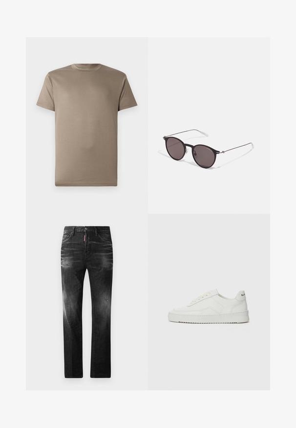 Šviesiai ruda trumpomis rankovėmis marškinėliai, pagaminti iš lygios medžiagos, su apvaliu iškirpimu ir be raštų ar matomų detalių.; Juodi džinsai su tiesiu kirpimu. Spalvoti svyrantys plotai, šiek tiek sugadinti, klasikinis penkių kišenių dizainas ir mygtuko uždarymas.; Balti odiniai sportiniai bateliai su lygia apdaila, apvaliu pirštu, plokščiais raišteliais ir tekstūruotu padu. Pasižymi subtiliu logotipu ant kulno.; Juodos apvalios saulės akinių su tamsiais lęšiais ir plonomis metalinėmis šakomis. Įtraukti skaidrūs šventyklų galai ir sidabriniai akcentai vyrio srityje. Minimalistinis dizainas.