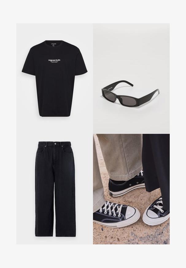 Cămașă T-shirt neagră din bumbac, cu mâneci scurte, guler rotund și text alb „Originals Studio” imprimat pe față. Textură netedă, croială lejeră.; Pantaloni din denim negri cu un design drept, dotate cu cinci buzunare, închidere cu nasture și un finisaj curat. Material durabil cu textură mată.; Adidași negri din pânză cu vârfuri din cauciuc alb și șireturi. Cusătura în contrast și ochiurile metalice adaugă detalii. Purtați cu pantaloni bej și o bluză din material negru.; Ochelari de soare negri, dreptunghiulari, cu lentile întunecate, un cadru din plastic neted și un logo subtil pe brațul stâng. Design minimalist.