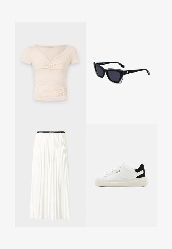 Top corto a maniche corte beige chiaro con scollatura a V e dettaglio intrecciato sul fronte, caratterizzato da una texture arricciata lungo i lati per un design aderente.; Gonna bianca plissettata con elastico nero in vita che presenta il logo "LACOSTE". Design di lunghezza media con texture morbida.; Sneaker bianchi in pelle con suola spessa bianca, accento in suede nero sul tallone e logo impresso sul lato. Design con lacci e sei fori per i lacci.; Occhiali da sole oversize neri dalla forma geometrica, con lenti scure e un dettaglio grigio a contrasto sulla montatura. Logo sul braccio.