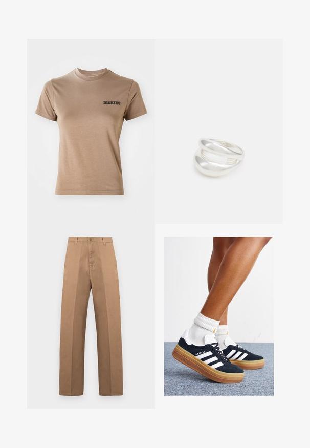 Smeđa pamučna majica kratkih rukava s okruglim izrezom. Na lijevoj strani prsnog područja se nalazilo crno "DICKIES" logo. Glatka tekstura.; Smeđe pamučne hlače ravnog kroja, s kopčanjem na gumb, petljama za remen i minimalnim šavovima za čist izgled.; Crne tenisice od brušene kože s bijelim prugama i detaljima, okruglim vrhom, gumeni potplat boje gume, uparene s bijelim rebrastim čarapama.; Srebrna dvostruka prsten s glatkom, poliranom površinom. Karakterizira ga fluidan, zakrivljen dizajn s preklapajućim sekcijama za moderan izgled.