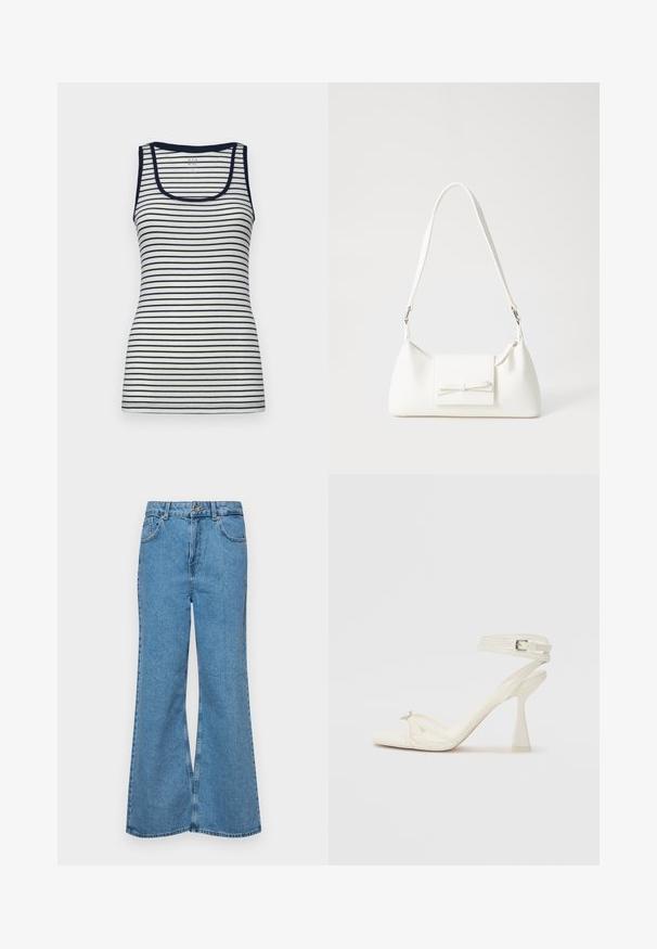 GAP TANK - Top - white/navy; Jeans de brim azuis claros, com corte à boca de sino, apresentando uma cintura alta, cinco bolsos e um fecho de botão único. Textura macia com acabamento desbotado.; Sandal de salto alto com tiras em couro branco, com um design elegante, um salto bloco transparente e um elemento decorativo na ponta.; Mala sintética branca com formato triangular, aba frontal plana e detalhe de laço, alça ajustável, textura suave e design minimalista.