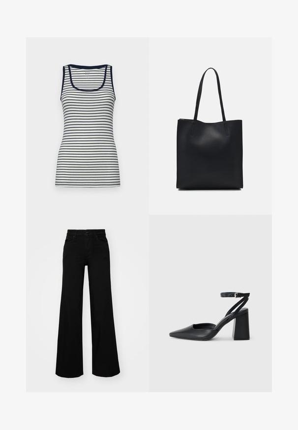 GAP TANK - Top - white/navy; Black wide-leg pants made of denim, featuring a structured waistband, belt loops, and front pockets. Smooth texture with a classic design.; Black leather pointy-toe pump with an ankle strap and a chunky heel. Flat texture, sleek design, and minimalistic aesthetics.; Black leather tote bag with smooth texture, rectangular shape, and two long handles. No visible hardware or embellishments.